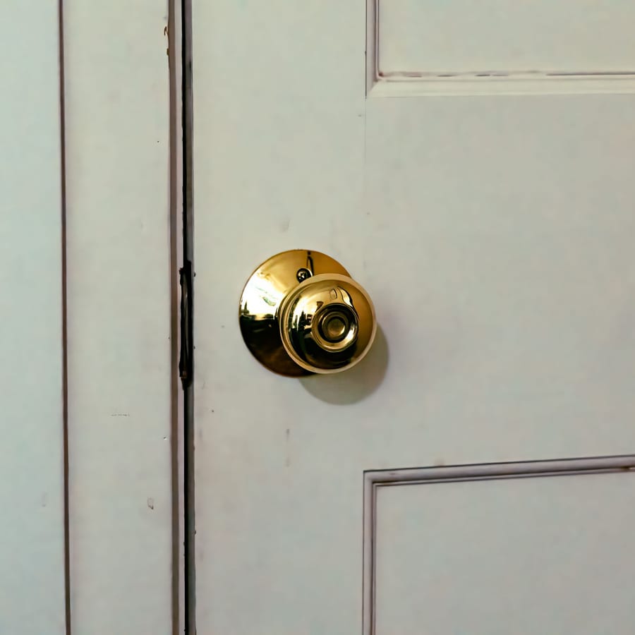 A brass knob against a painted door, the finish even and unbroken right to the edge.