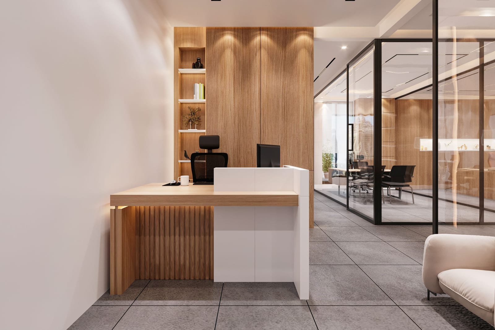 A commercial reception area with uniform wall finishes and clean detailing.
