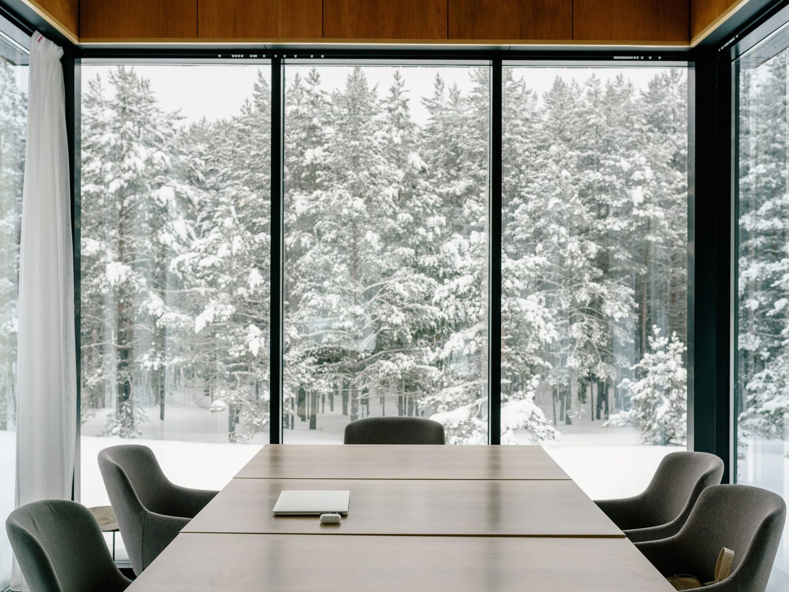 A conference room where calm neutral walls frame a glass wall onto snow-covered spruce.
