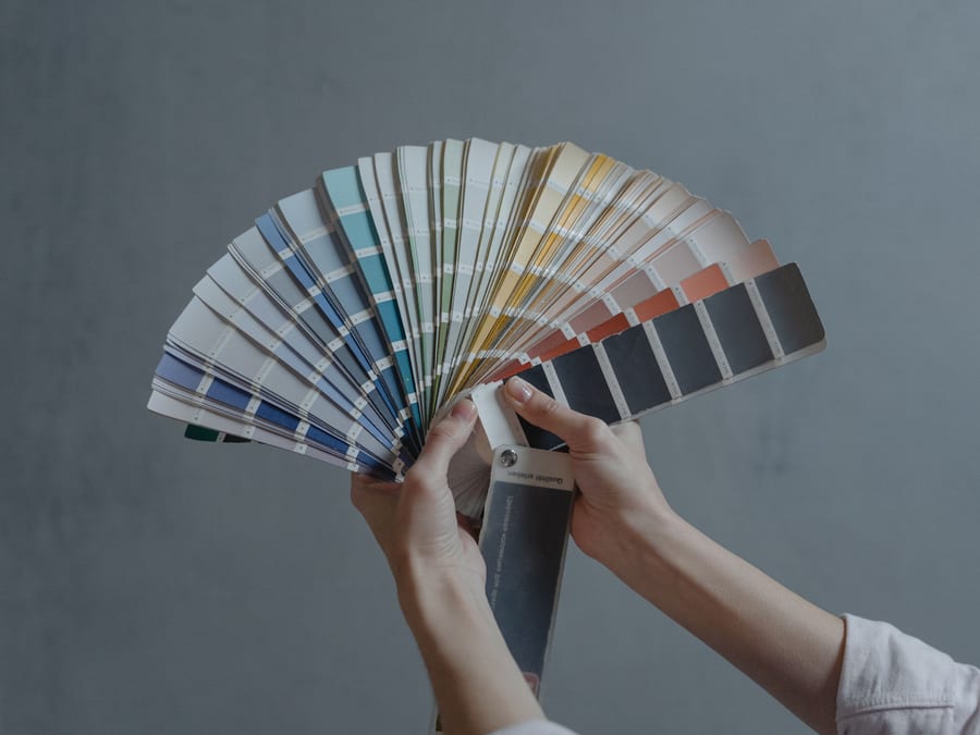 Paint swatches laid against a wall in daylight, colours compared in the light of the room itself.